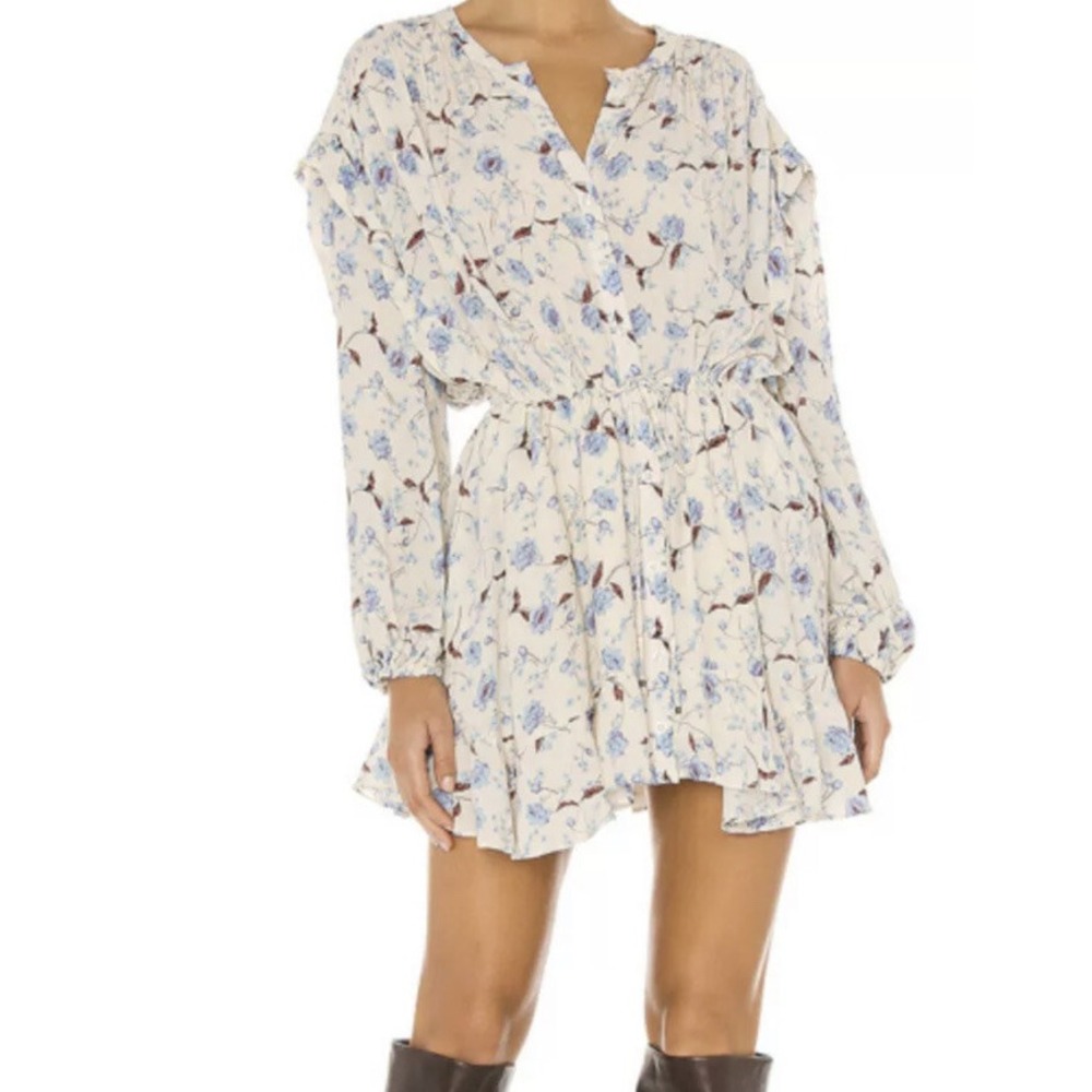 Free People Sz Small S Mini Dress Flower Fields Floral Print Ivory Puff A009445